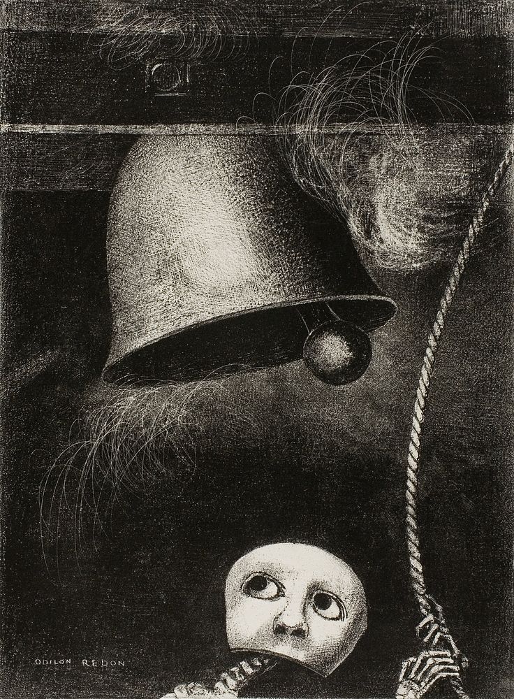 A Mask Sounds the Funeral Knell, plate three from To Edgar Poe by Odilon Redon. Original public domain image from Art…