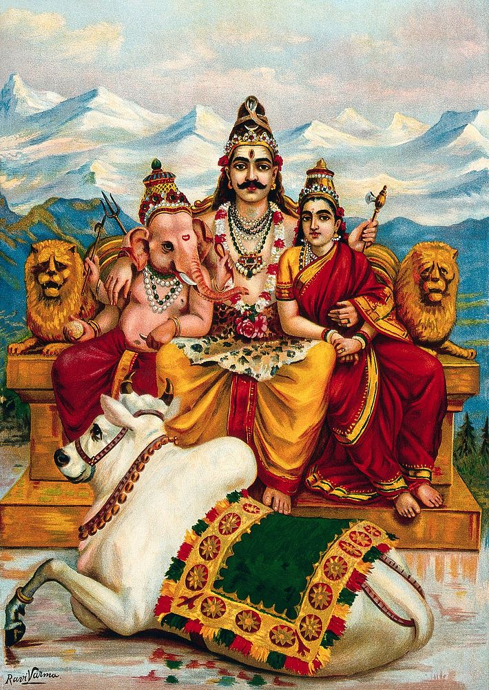 Shiva, Parvati and Ganesha enthroned on Mount Kailas with Nandi the bull. Chromolithograph by R. Varma. Original public…