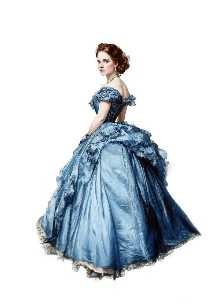 A victorian woman in blue dress fashion costume classic.