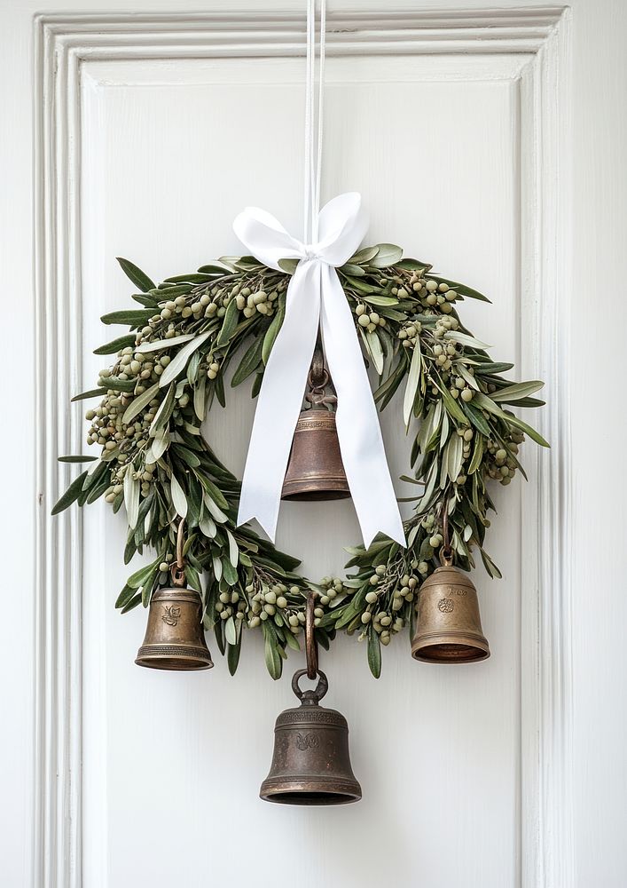 Wreath made of olive leaves bells hanging bronze.