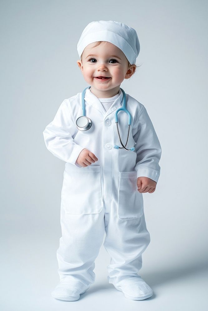 A Young cute English baby boy costume doctor photo.