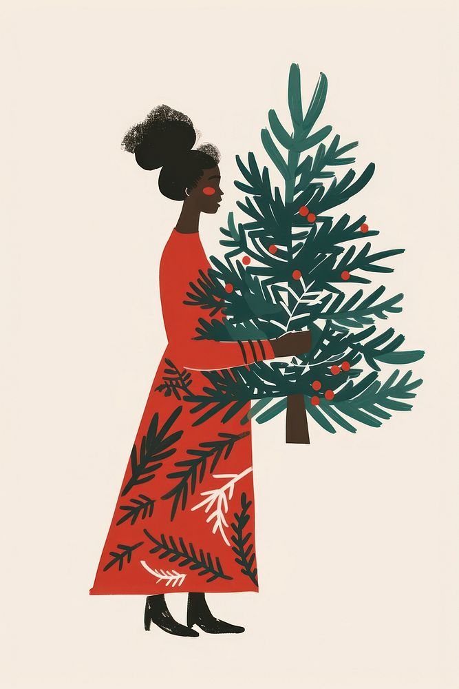 Black woman holding christmas tree dress green red.