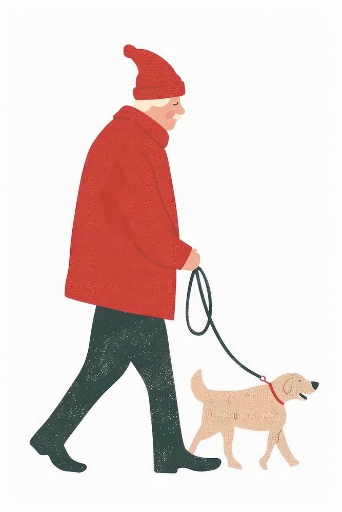 Christmas senior man walking a dog clothing coat pet.