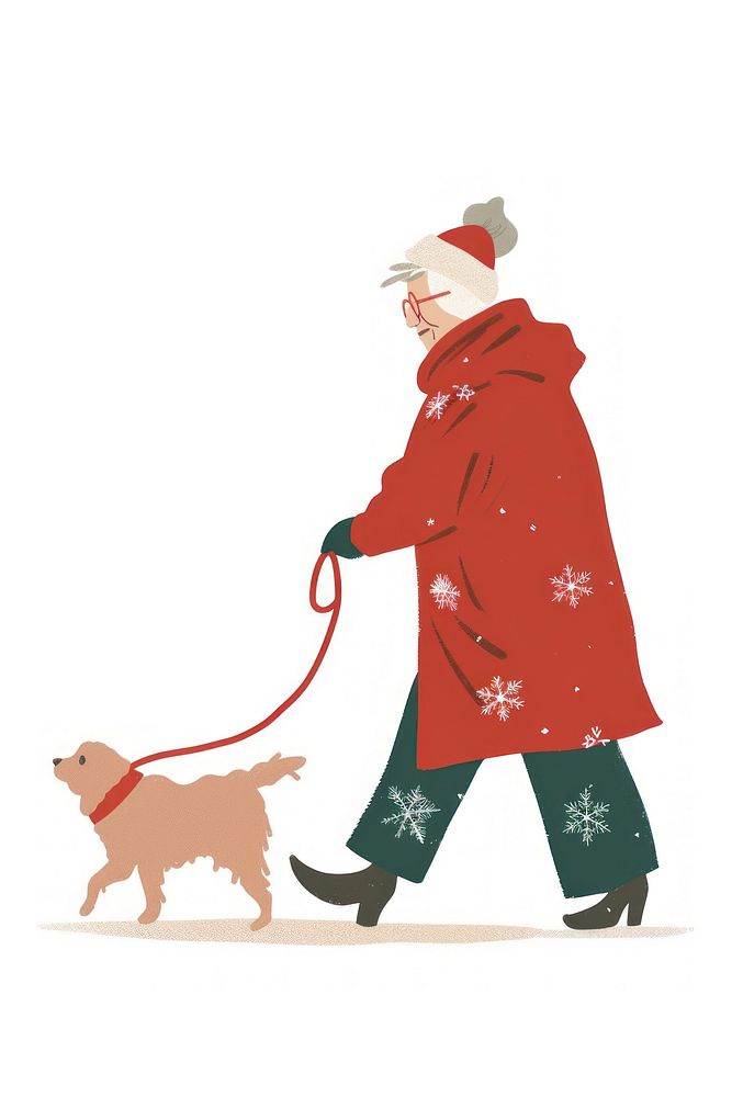 Christmas senior woman walking a dog coat red illustration.