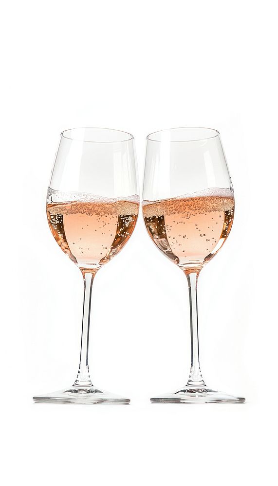 Two pink sparkling wine glasses celebration setting drink.