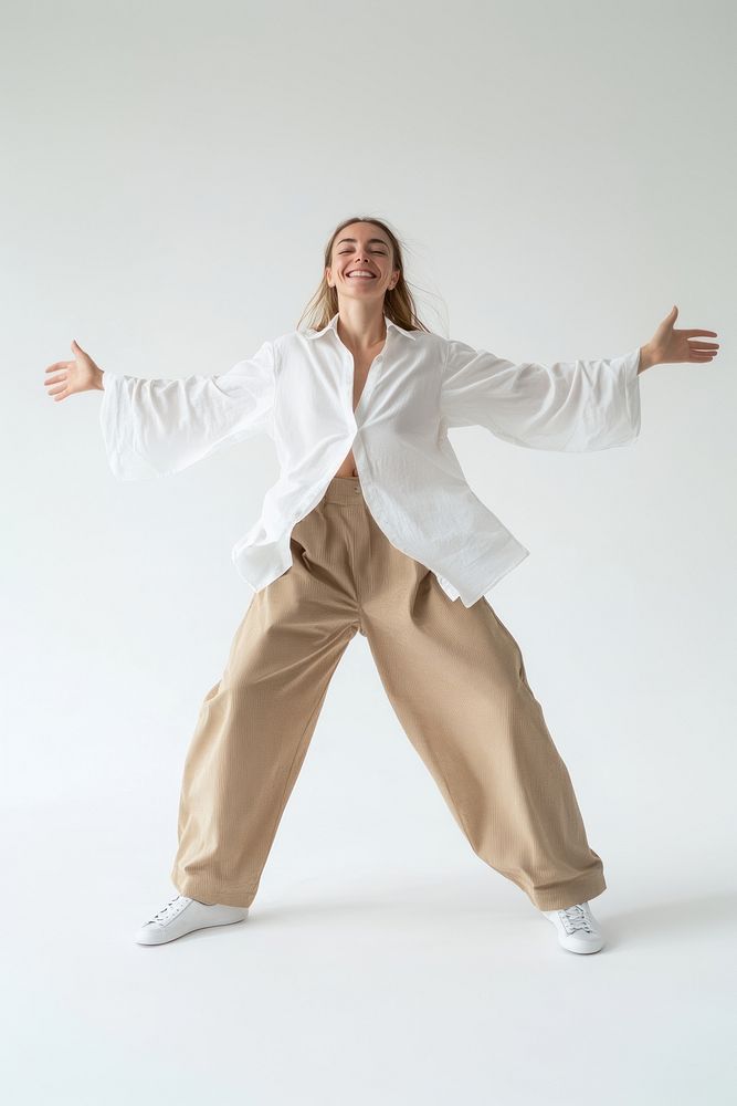 Full-body woman background white shirt.