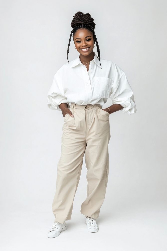 Full-body black woman shirt background sneakers.