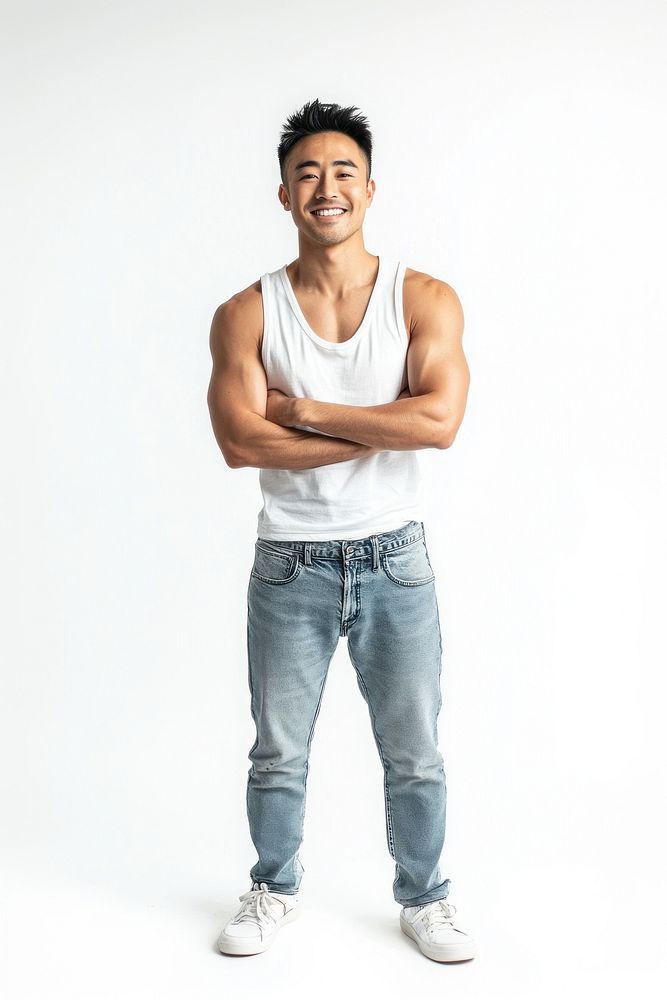 Full-body asian man background standing sneakers.