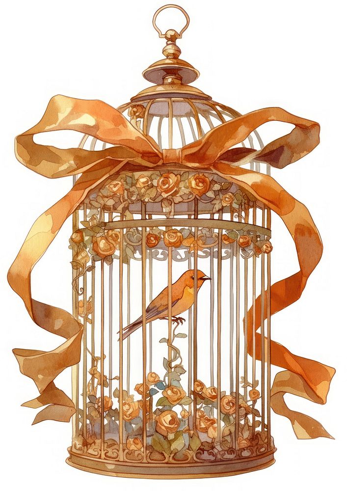 Brown coquette bird cage illustration ribbon art.