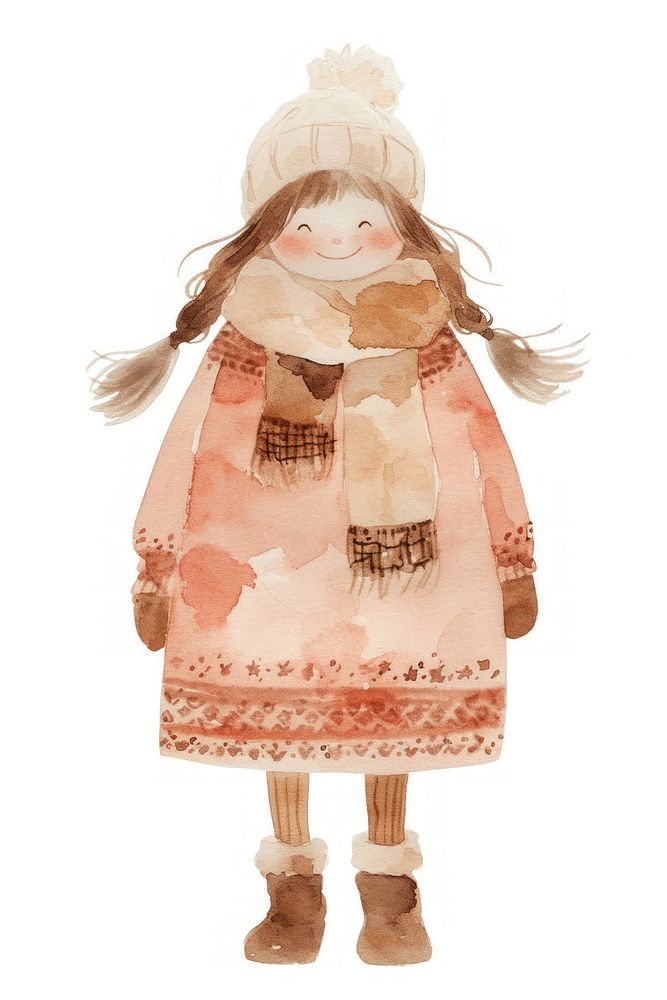 Smile girl standing with winter clothes illustration watercolor clothing.