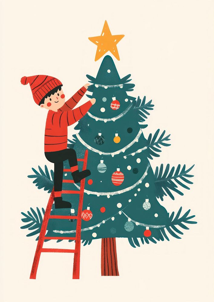 A boy climbing a ladder to place a star on a green Christmas tree christmas illustration decoration.