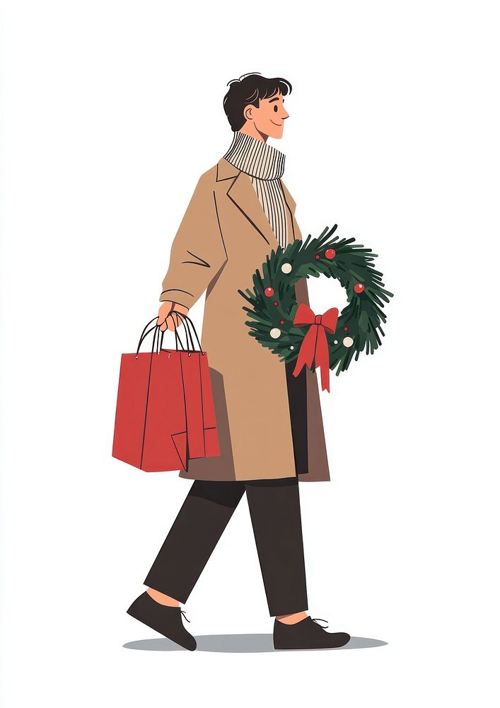 A walking man carrying shopping bags and holding a wreath coat illustration christmas.