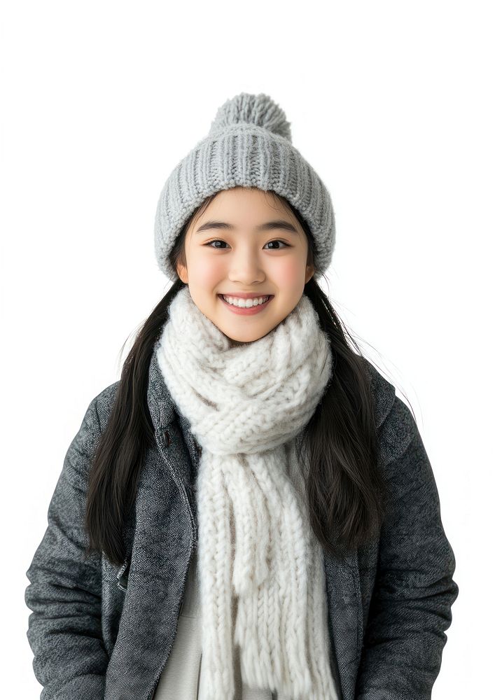 Happy Asian teen girl in winter clothes clothing scarf hat.