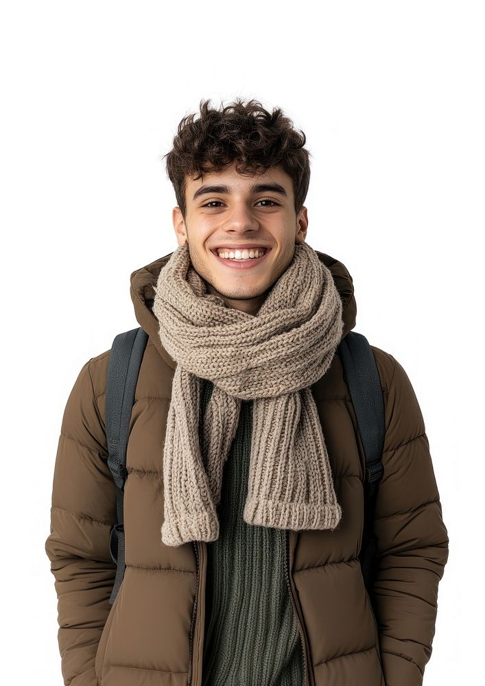 Happy teen man in winter clothes clothing scarf happy.