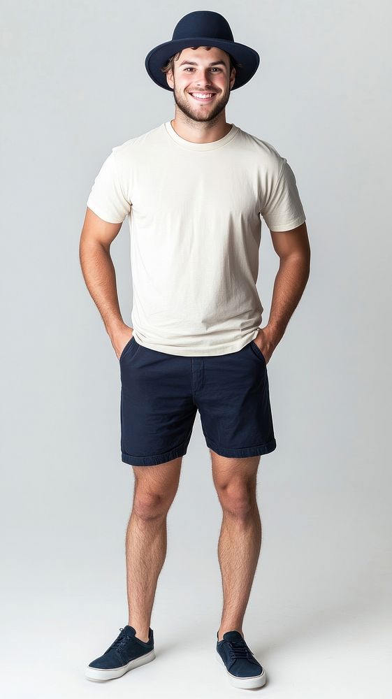 Full-body portrait of a man t-shirt shorts hat.