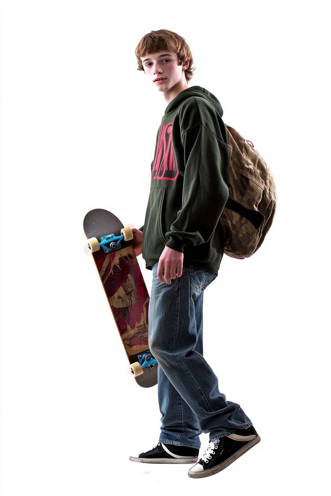 Teenager holding skateboard skateboarder sweatshirt clothing.