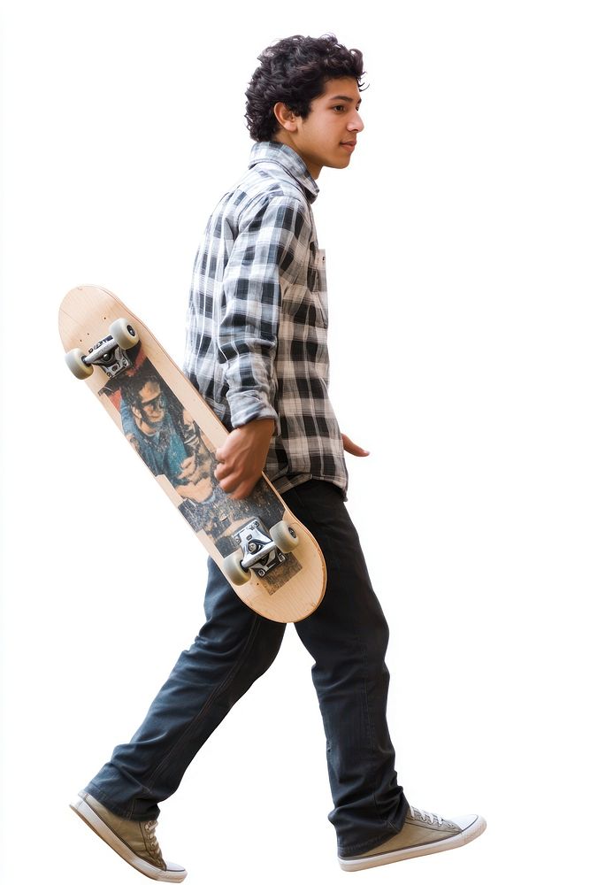 Hispanic teenager holding skateboard walking lifestyle clothing.