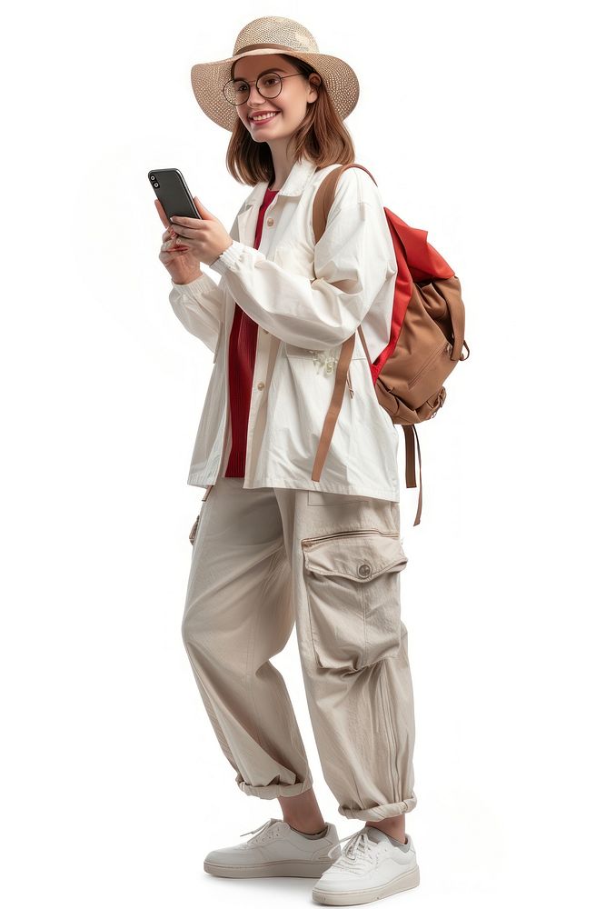 Happy tourist woman looking on phone backpack photo hat.