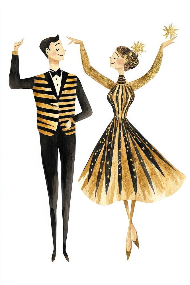 Couple wearing Black and Gold Striped Tuxedo and Dress dancing illustration festive.