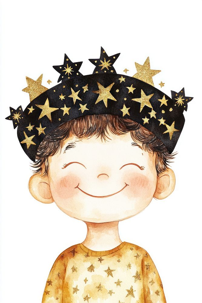 Happy Child boy with a Black and Gold Star Pattern Crown illustration child crown.