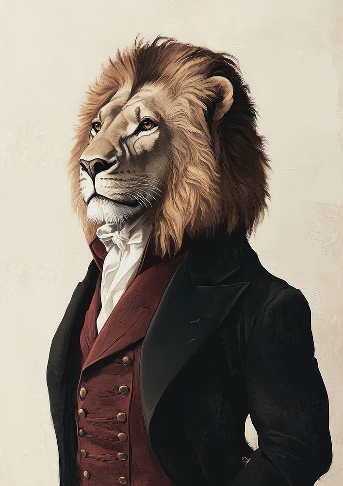 Lion costumes wearing victorian fashion outfit animal painting art.