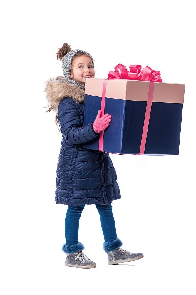 Girl carry very big gift box winter child happy.