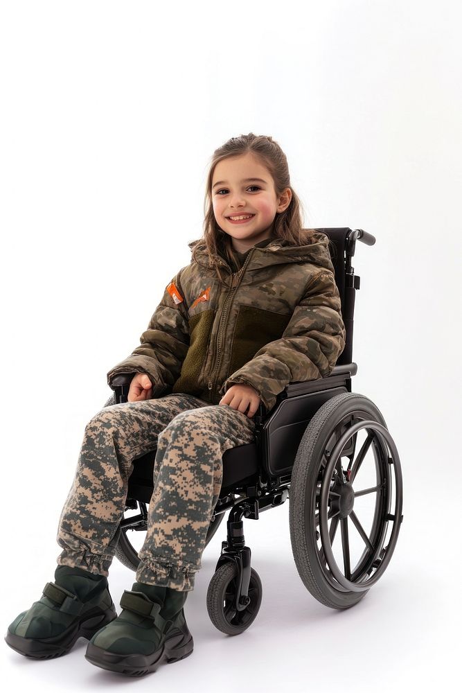 Sitting in a motorized wheelchair clothing camouflage mobility.