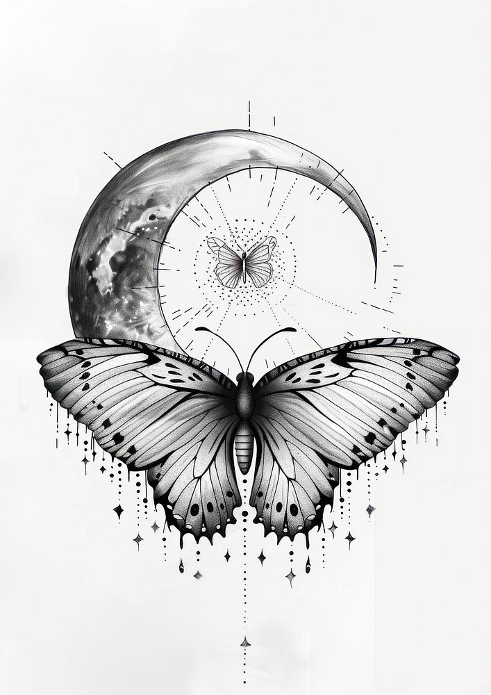 Celestial illustration of Butterfly with Crescent Moon butterfly white moon.