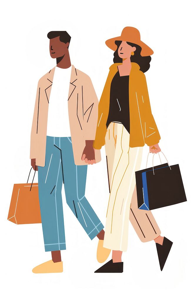 Shopping bag and gift boxes while walking bags illustration couple.