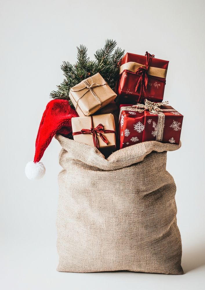 Santa claus sack full gifts christmas accessories celebration.