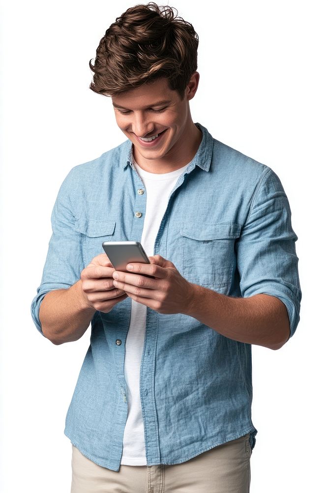 A Caucasian man texting smiling phone.