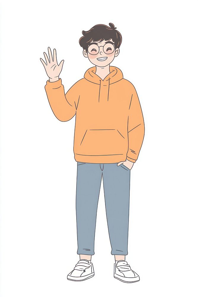 Nerdy boy waving illustration cartoon smiling.