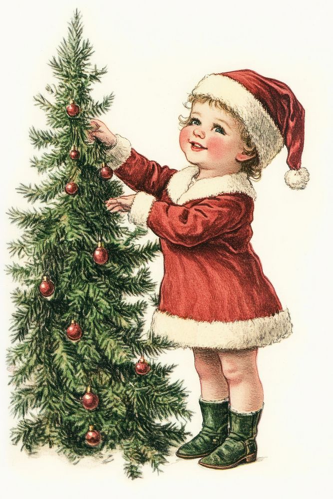 Full body Child wearing a Santa hat christmas tree illustration.