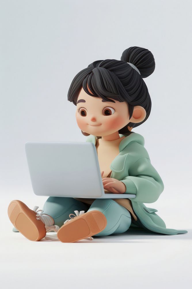 A asian girl using laptop character cartoon illustration.