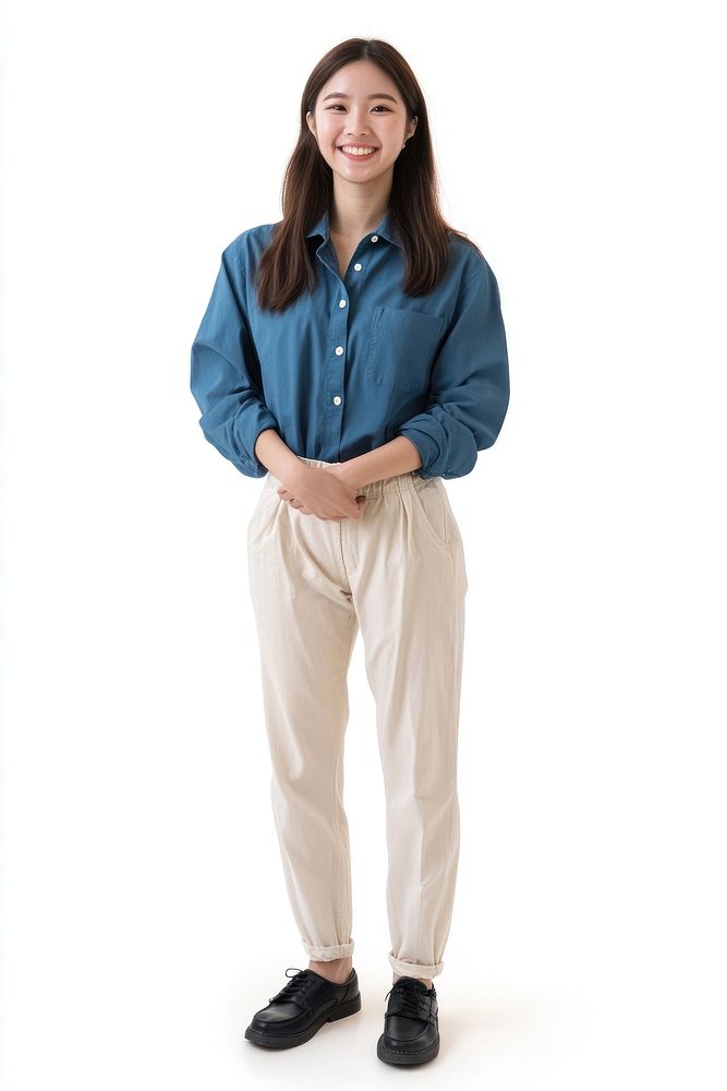 Fullbody of Asian woman standing pants shirt.