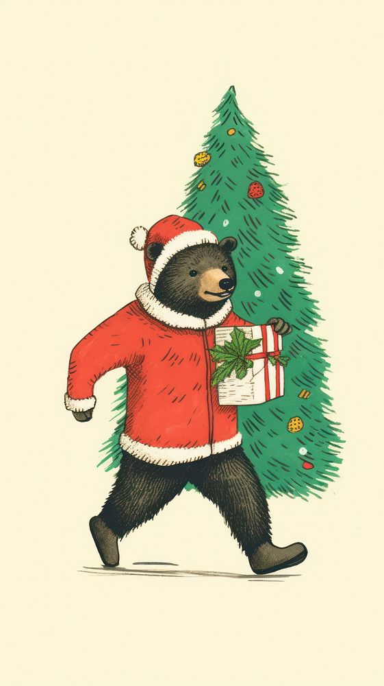 Bear running with christmas tree illustration wildlife festival.