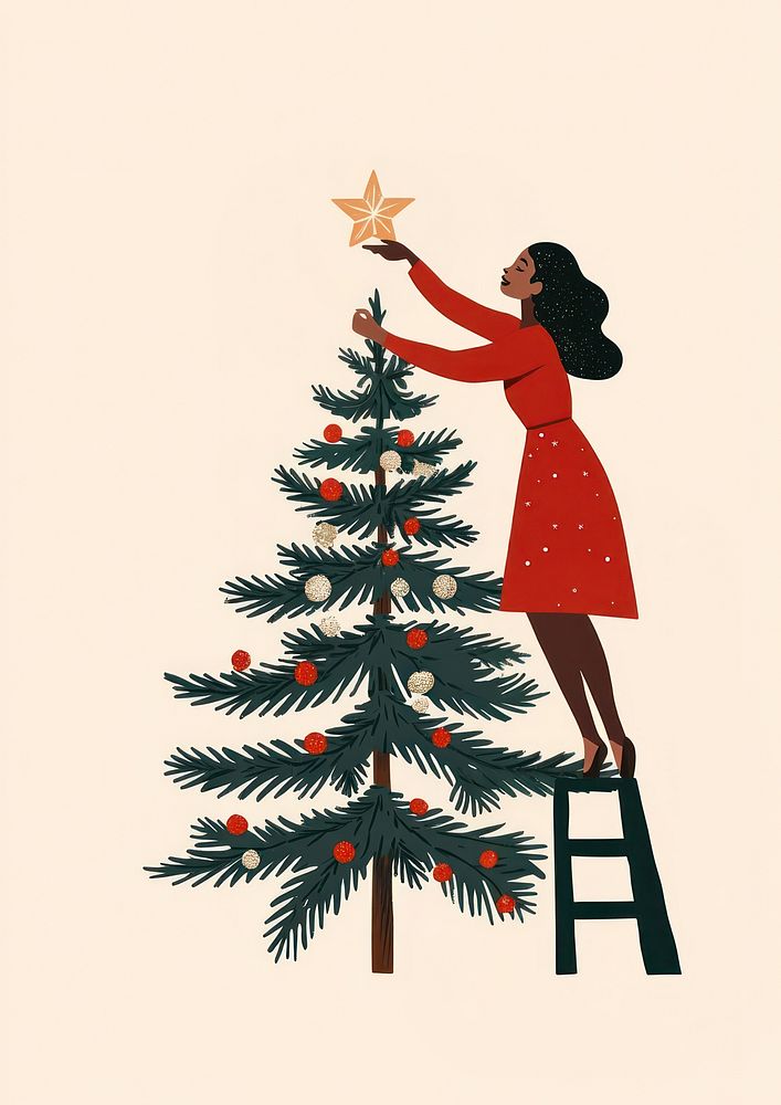 Christmas girl tree illustration ladder.