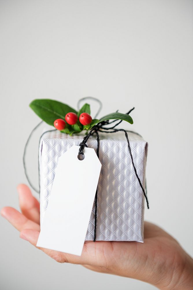 Hand holding a small, wrapped gift with a blank tag. Perfect for holiday gift ideas and gift-giving inspiration. Christmas…