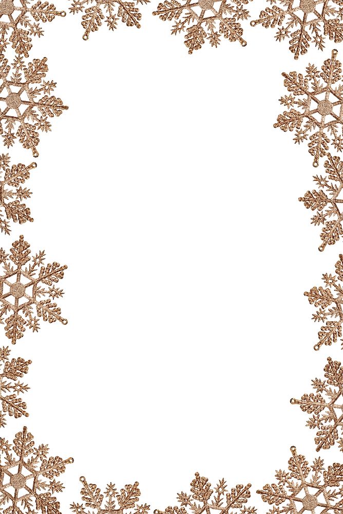 Elegant gold snowflake border on white. Snowflake design creates a festive, winter-themed frame. Perfect for holiday…