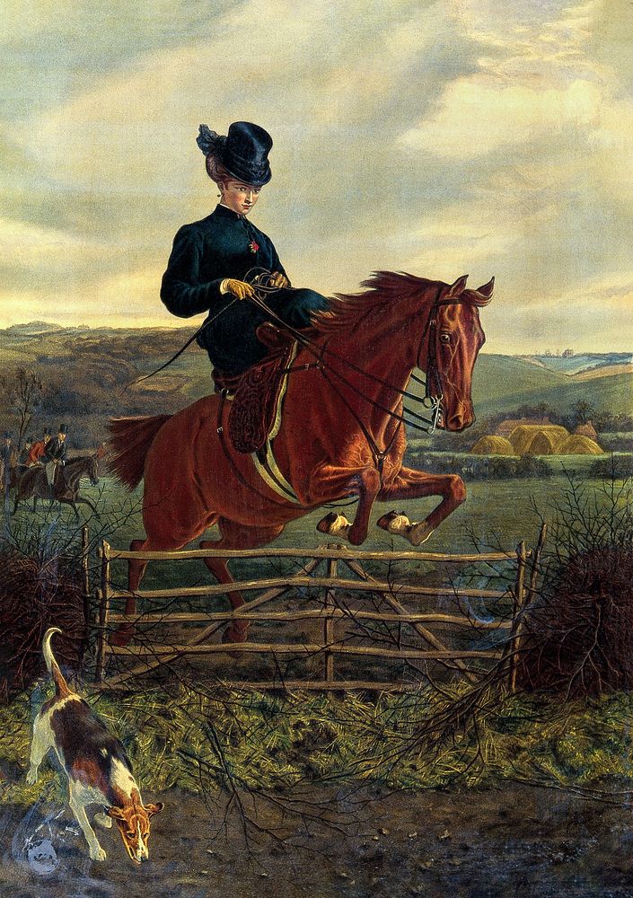 An elegantly dressed horsewoman jumping over a gate in a fence. Colour oleograph by E.G. Hester after C. Burton Barber, ca.…