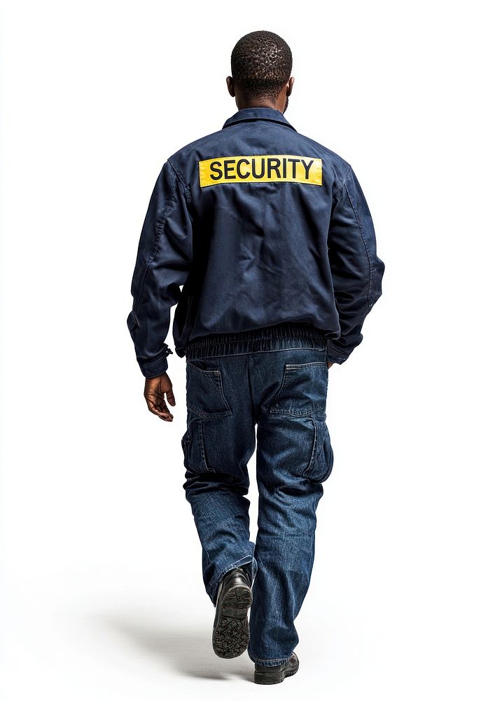 Security guard walking jacket back view.