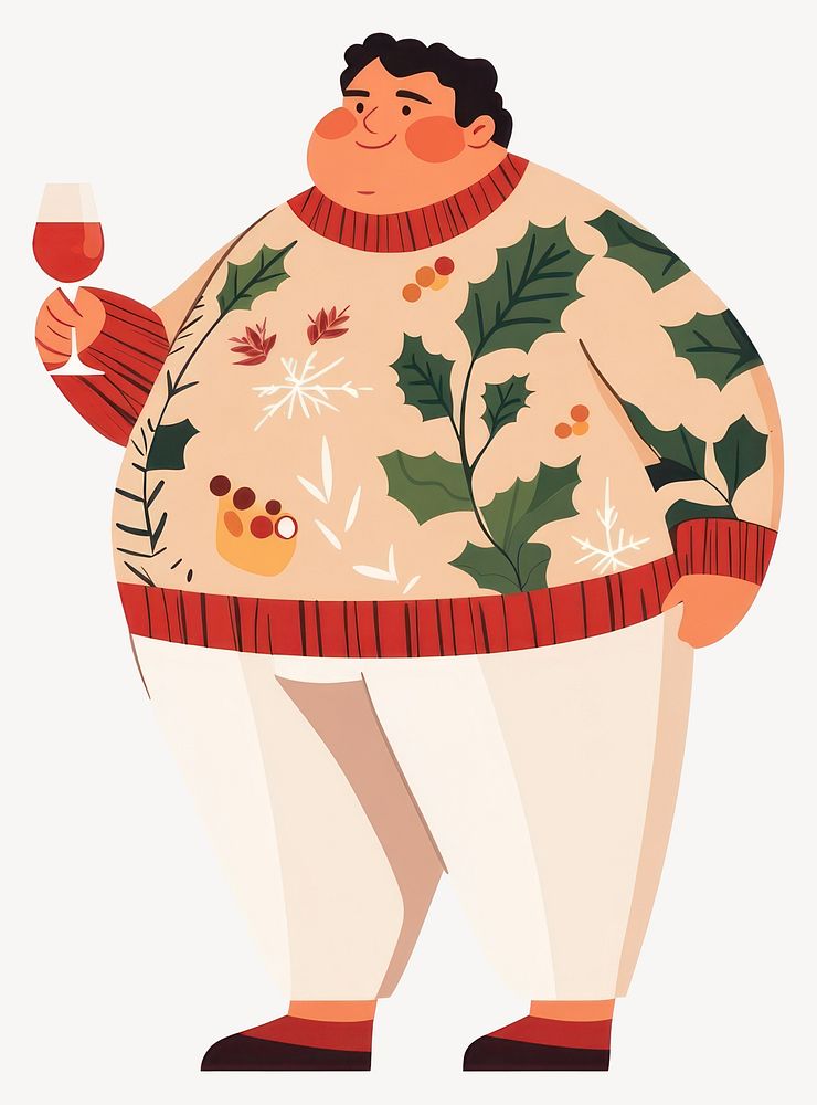 Chubby man holding wine glass illustration christmas sweater vector