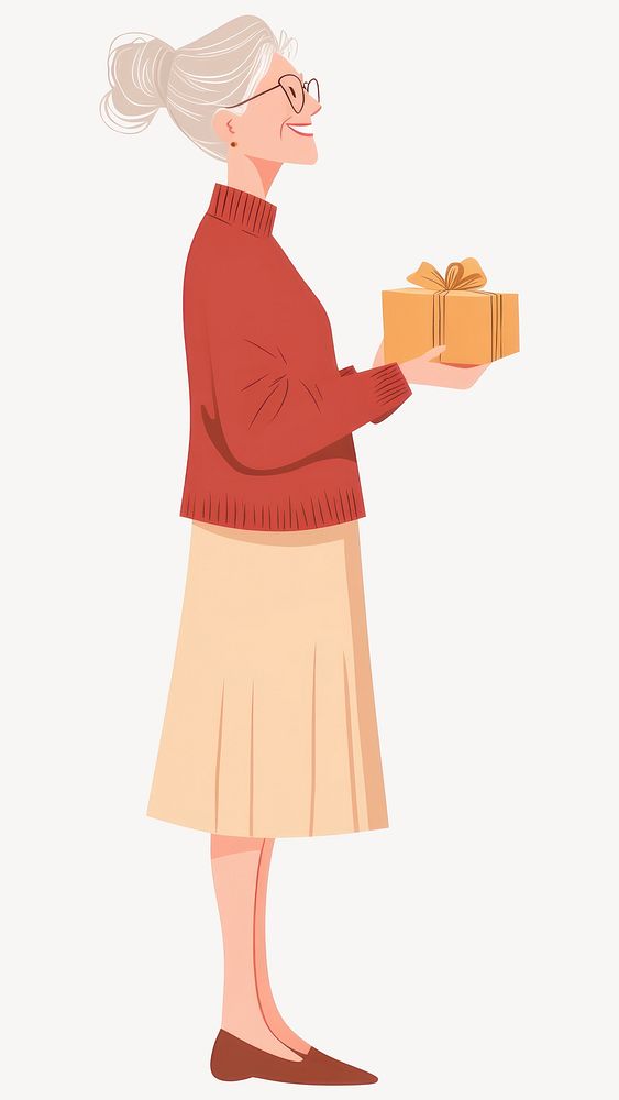 Senior woman holding gift box skirt illustration background vector