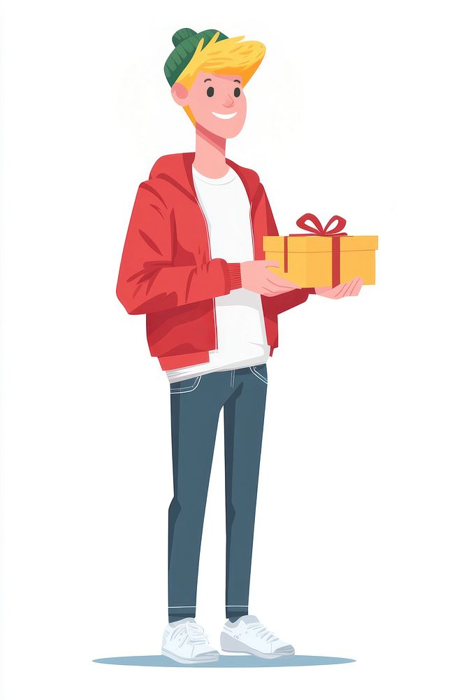 Teen man holding a gift box illustration jacket beanie.