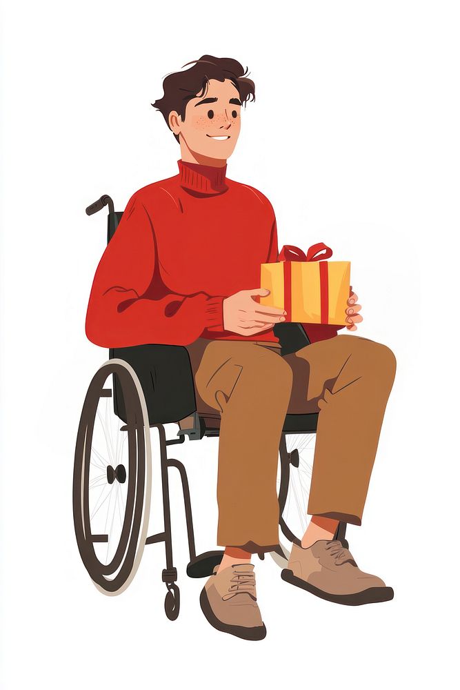 Teen man sitting on wheelchair illustration smiling brown.