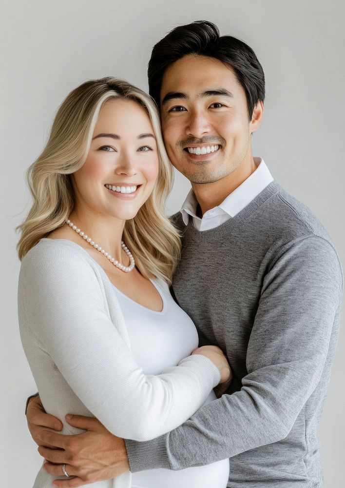 Happy french blue eyes pregnant woman is bmabraced from behind by her asian husband necklace smile photo.