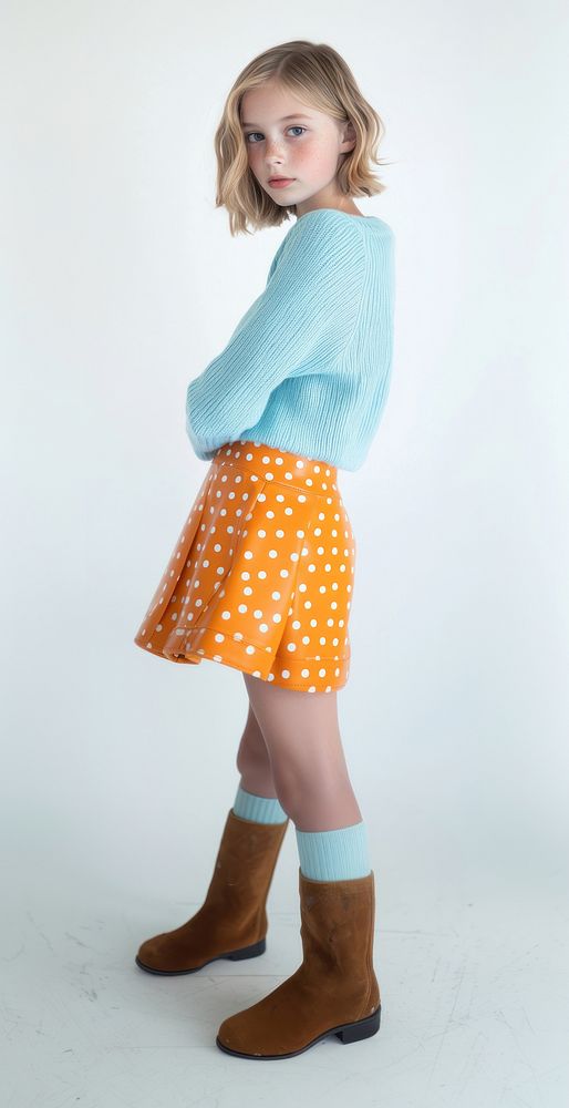 Full body of young girl fashion shoot sweater skirt child.