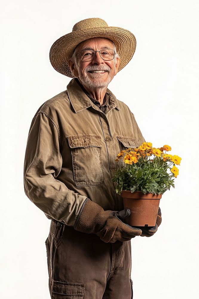 Senior Gardener gardening gloves hat.