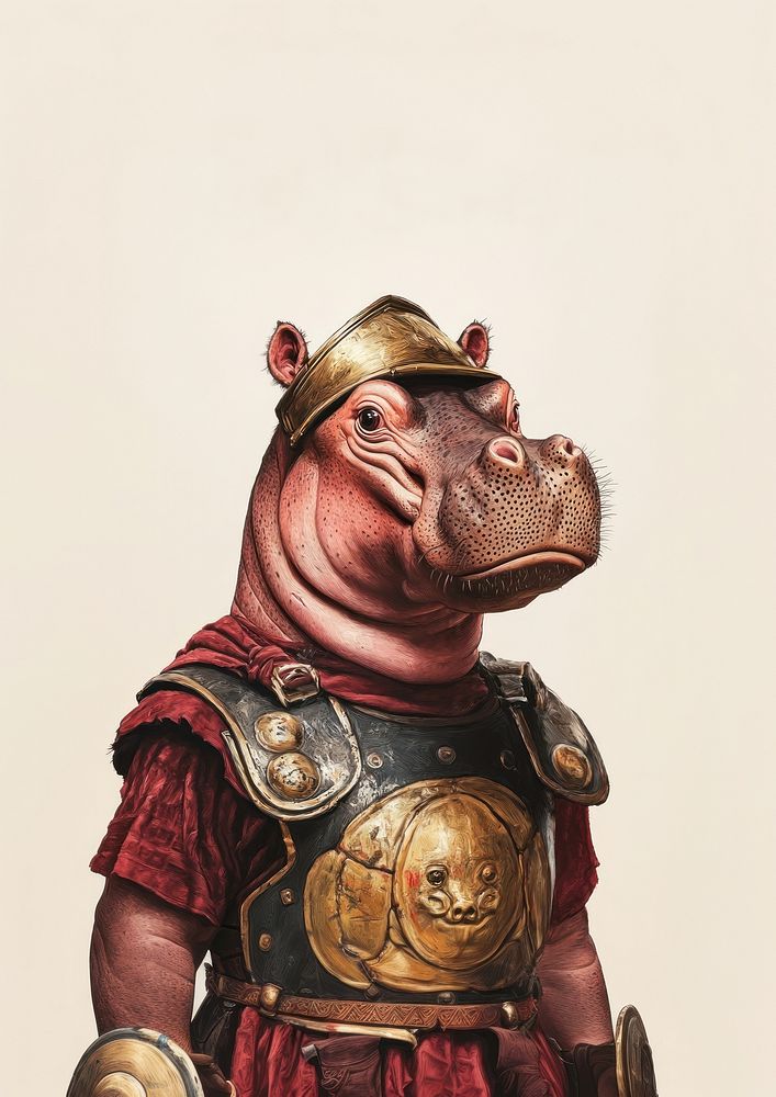 A Baby Hippopotamus wearing with Greek warrior costume animal human hippo.