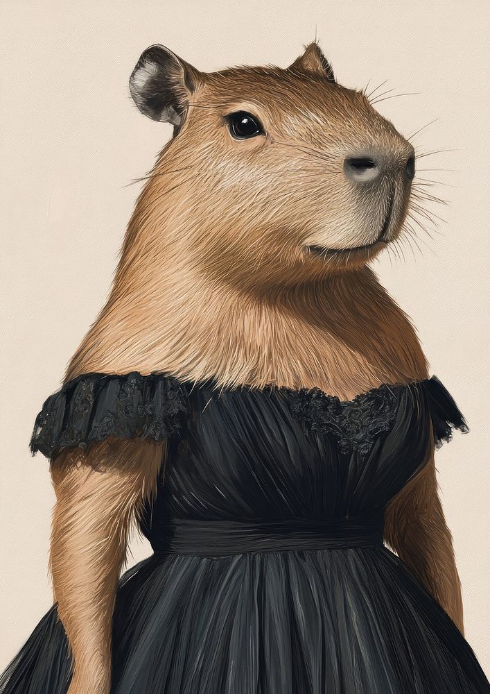 A female capybara wearing witha spaghetti strap dress black dress as in painting Madame X by Singer Sargent animal…